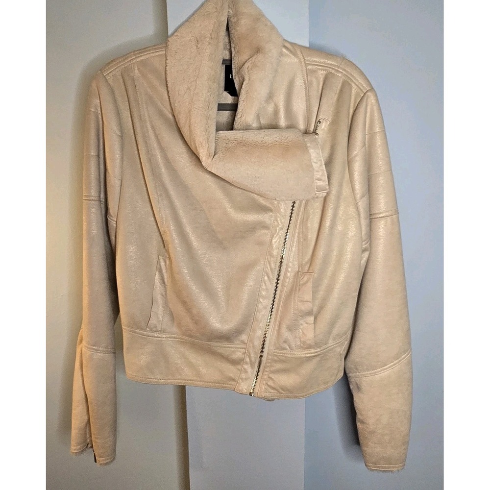 Bebe Jacket Cropped Cream Gold Soft Suede-Like Exterior‎ Fur Lining L Y2K Moto